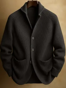Men Gentleman Knitted Shawl Collar Cardigan Thickened 3-Button Rabbit Hair Modal Sweater Jacket with Pockets Casual Outerwear