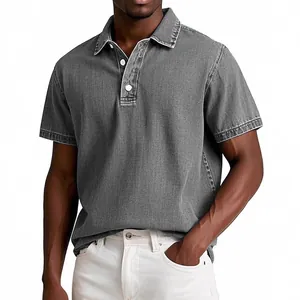 Men's vintage grey short-sleeved polo shirt with washed texture and classic collar.