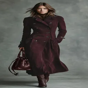 Elegant burgundy long suede trench coat for women featuring a double-breasted design