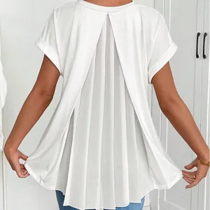 Women's V-Neck Short Sleeve Top With Back Pleated Design Casual Loose Accordion Pleats Blouse For Spring Summer Clothing Top