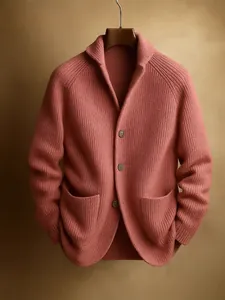 Men's coral knit shawl collar cardigan with three buttons and front pockets