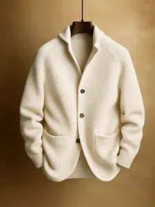 Premium ivory men's knitted shawl collar cardigan with three buttons and front pockets