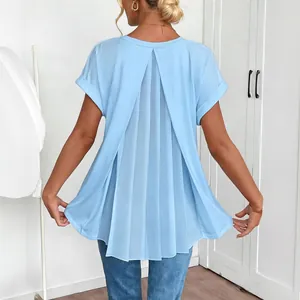Light blue short-sleeved top with pleated back panel and casual fit for spring wear