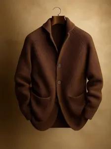 Men's brown knitted cardigan with shawl collar and three buttons on a wooden hanger