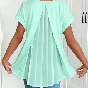 Mint green short sleeve top for women with elegant pleated back design detail.