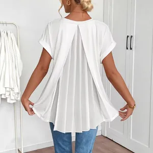 Elegant white short sleeve top featuring a unique pleated back design for women