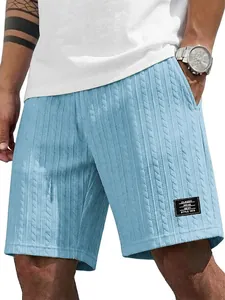 Detailansicht der hellblauen Strickshorts für Herren mit klassischem Webetikett.