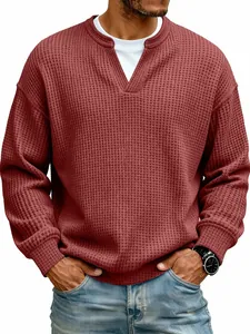 Detail view of burgundy waffle knit faux two-piece long sleeve casual T-shirt for men