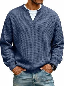Men's casual blue waffle knit faux two-piece long sleeve t-shirt detail