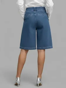 Rear view of women's denim-style bermuda shorts showing high-waisted fit and back detail