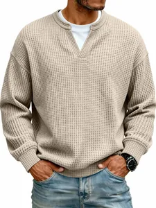 Detail view of men's waffle knit t-shirt featuring a stylish fake two-piece collar