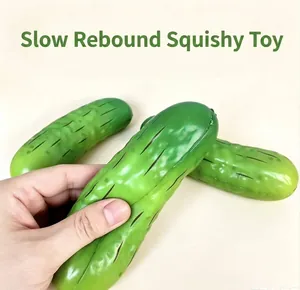 Close-up of a soft green cucumber-shaped PU foam squishy toy for effective stress relief