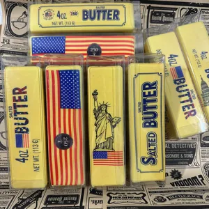 Detailed view of slow rebound PU squishy toy shaped like a retro American butter stick pack
