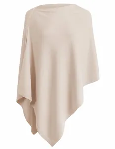 Close-up detail of women's beige knitted multi-way poncho with elegant button closure