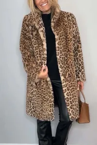 Elegant mid-length leopard print faux fur coat for stylish women's winter wardrobe