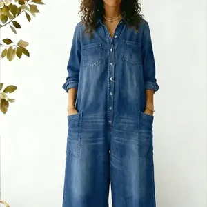 Fashionable women's casual blue denim wide-leg jumpsuit with single-breasted buttons and pockets