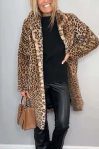 Autumn winter leopard print plush mid-length coat styled with black leather trousers
