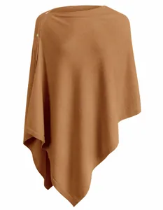 Detailed view of camel knit poncho shawl showing button closure and soft texture