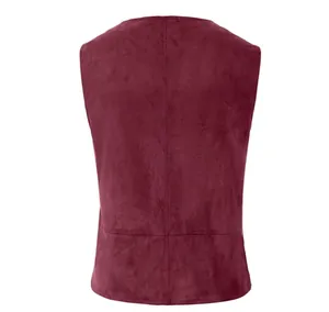 Detailed back view of vintage burgundy faux suede steampunk vest for cosplay events