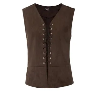 Detailed view of the dark brown faux suede lace-up vest in Gothic Steampunk style