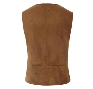 Back view of brown vintage steampunk performance vest with faux suede texture