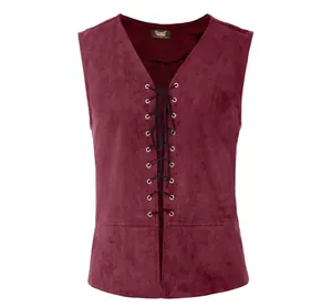 Detailed view of burgundy suede-like lace-up vest with Gothic and Steampunk design elements