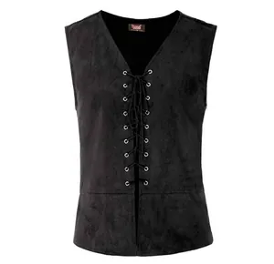 Detailed view of the black gothic steampunk vest featuring adjustable lace-up front design.