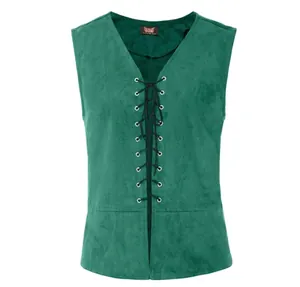 Detail of green suede-like Gothic Steampunk lace-up vest for cosplay costumes