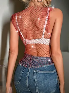 Detailed back view of a red fishnet mesh top featuring sparkling rhinestone accents.