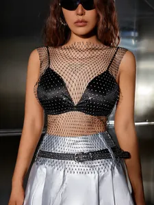Close-up of black rhinestone fishnet round neck short sleeve top with sparkling crystals