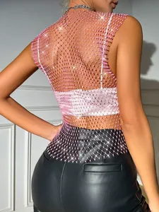Back view of a pink rhinestone fishnet top showing sparkly crystal mesh texture detail