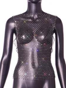 Close-up of a black fishnet top with sparkling multicolored rhinestones on a mannequin