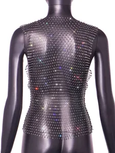 Close-up back view of a sparkling rhinestone fishnet top featuring colorful crystals