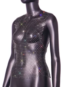 Close-up detail showing sparkling colorful rhinestones on a black mesh fishnet top