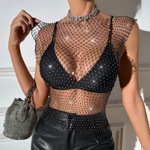 Women Sexy Fishnet Rhinestone Crew Neck Short Sleeve Top Sheer See Through Sparkling Party Clubwear Polyester Mesh Tee