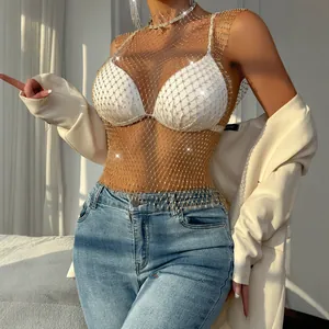 Glamorous shimmering rhinestone fishnet top for women with elegant round neck mesh design