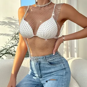 Chic women's sparkly rhinestone fishnet mesh round neck top in stylish street fashion