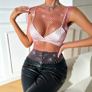 Elegant pink rhinestone mesh short sleeve top with round neck for party wear.