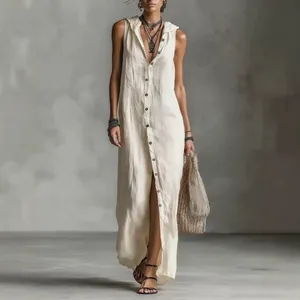 Damen Ärmelloses Maxikleid Polyester Einfarbig Durchgehender Knopfleiste Mit Kapuze Langes Kleid Boho Casual Urlaub Strandmode