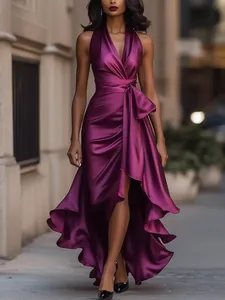 Elegant purple V-neck satin dress with ruffled high-low hem and waist bow