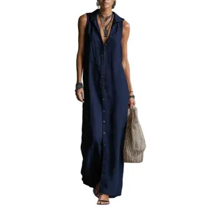 Elegantes ärmelloses marineblaues Maxikleid mit Knopfleiste und Kragen für Damen