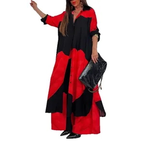 Conjunto de dos piezas informal rojo y negro con camisa holgada y pantalones largos moda