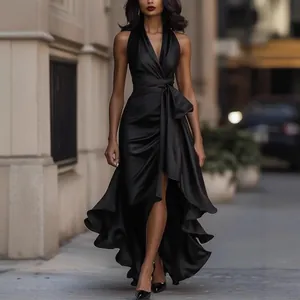 Women Elegant V-neck Irregular Hem Ruffle Sleeveless Dress Solid Color Polyester Satin Look Banquet Party Midi Dress