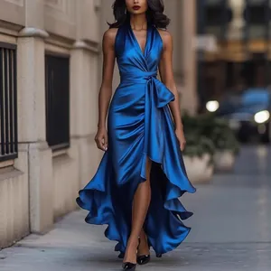 Elegant royal blue satin V-neck evening dress featuring irregular ruffled high-low hem