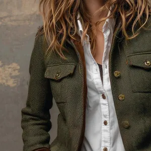 Vintage green herringbone tweed blazer for women featuring velvet trim and gold buttons