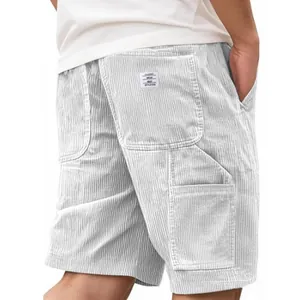 Vintage style men's light gray corduroy cargo shorts with multi-pockets and woven patch