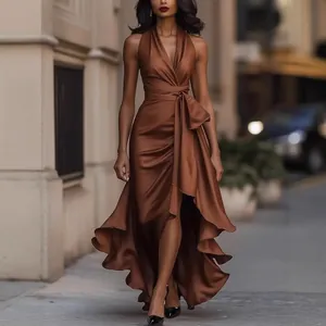 Elegant brown satin V-neck dress with irregular ruffled hem and waist tie detail