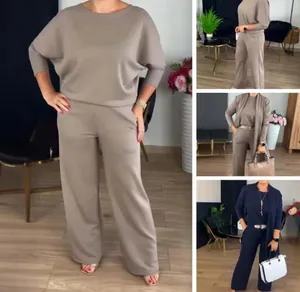 Elegante conjunto de otoño de 3 piezas con top murciélago y pantalones anchos.