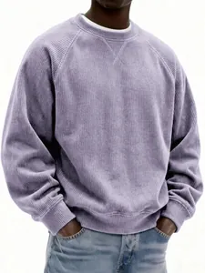 Detailed view of a purple corduroy sweatshirt for men with a round neck and ribbed cuffs