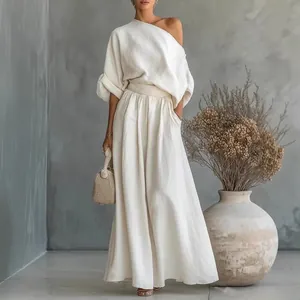 Elegante Set da Donna Top Monospalla E Pantaloni a Gamba Larga Tinta Unita in Poliestere Elastan per Streetwear Ufficio